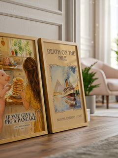 If You Give a Pig a Pancake watercolour print framed by window – literary home decor