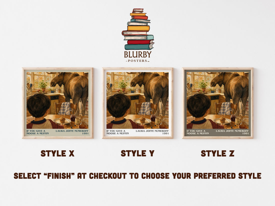If You Give a Moose a Muffin literary print in frame leaning in hallway – childrens wall art (mockup)