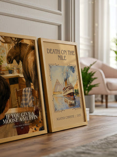 If You Give a Moose a Muffin watercolour print framed by window – literary home decor