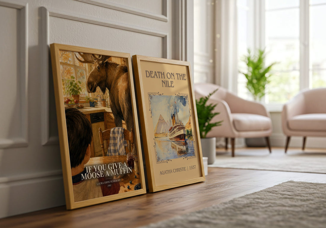If You Give a Moose a Muffin watercolour print framed by window – literary home decor