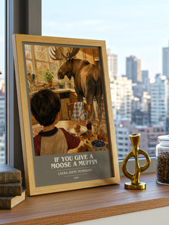 If You Give a Moose a Muffin book cover print framed by window – literary home decor