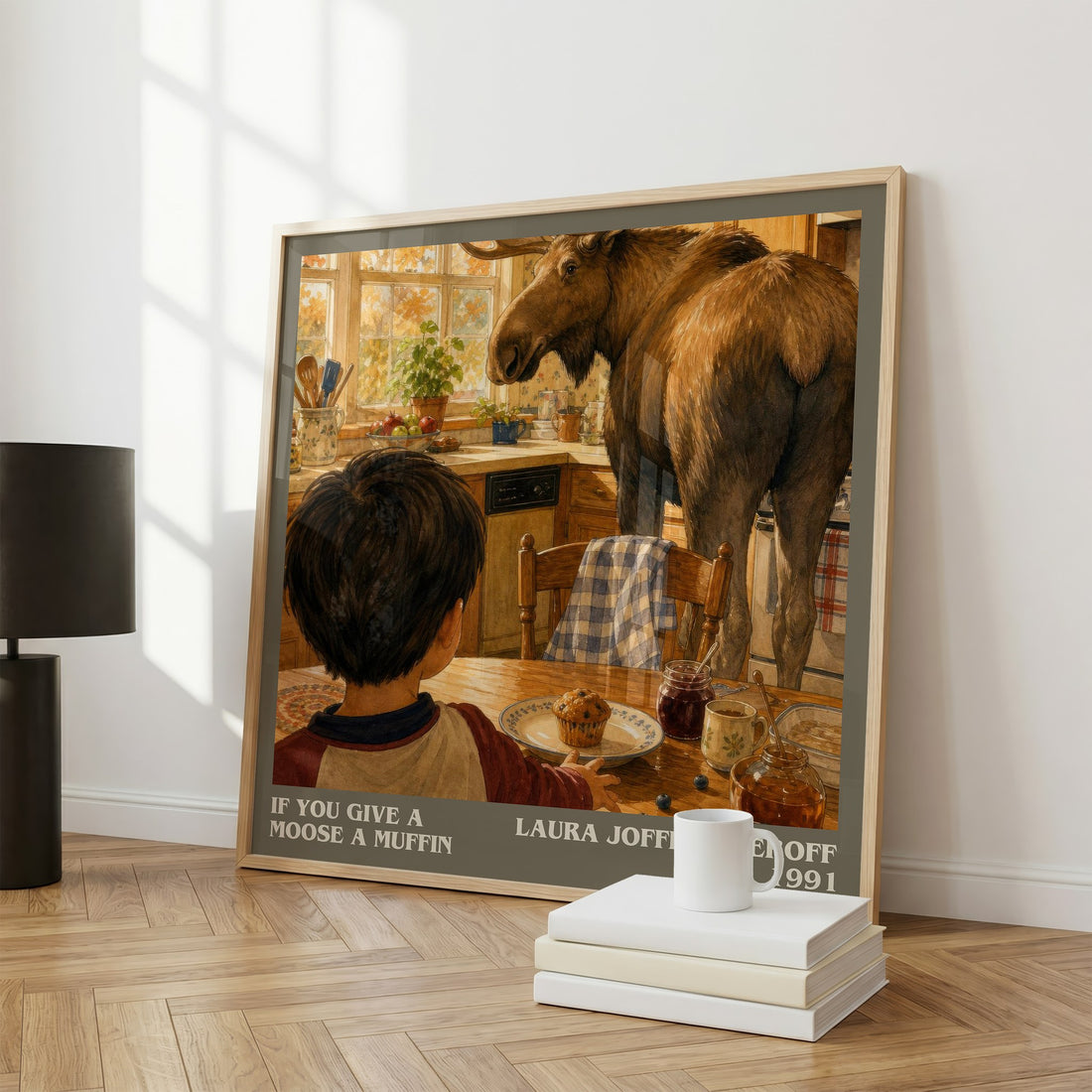 If You Give a Moose a Muffin literary print framed by window – literary home decor