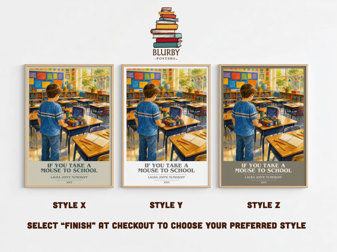 If You Take a Mouse to School book cover print in frame leaning in hallway – childrens wall art (mockup)