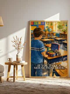 If You Take a Mouse to School watercolour print in frame leaning in hallway – childrens wall art