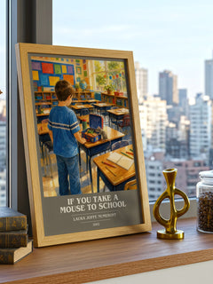 If You Take a Mouse to School book cover print framed by window – literary home decor