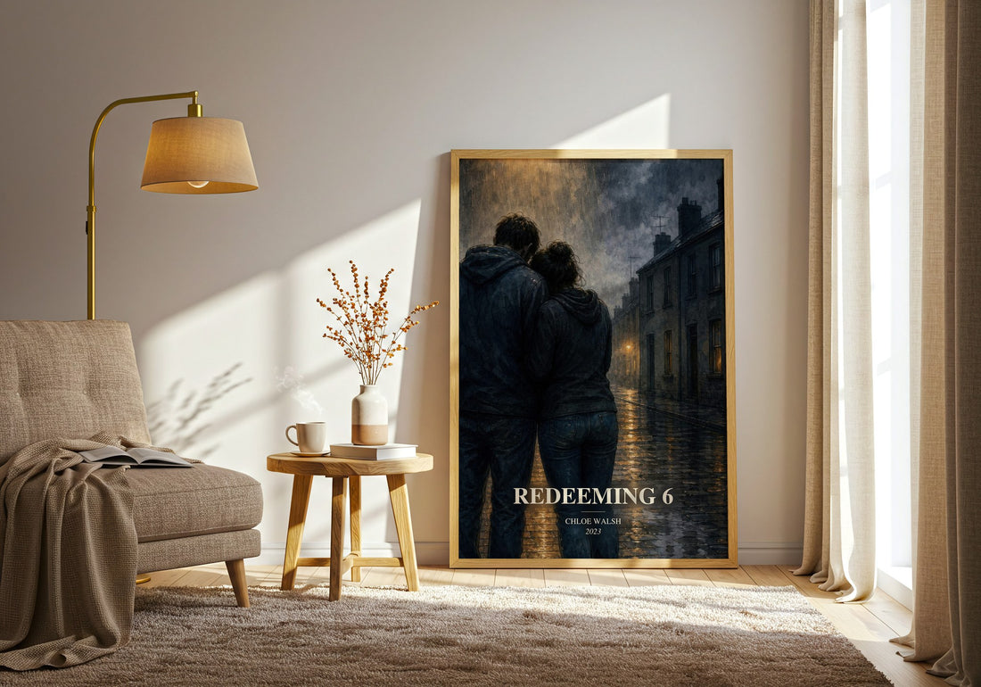 Redeeming 6 watercolour print in frame leaning in hallway – young adult wall art