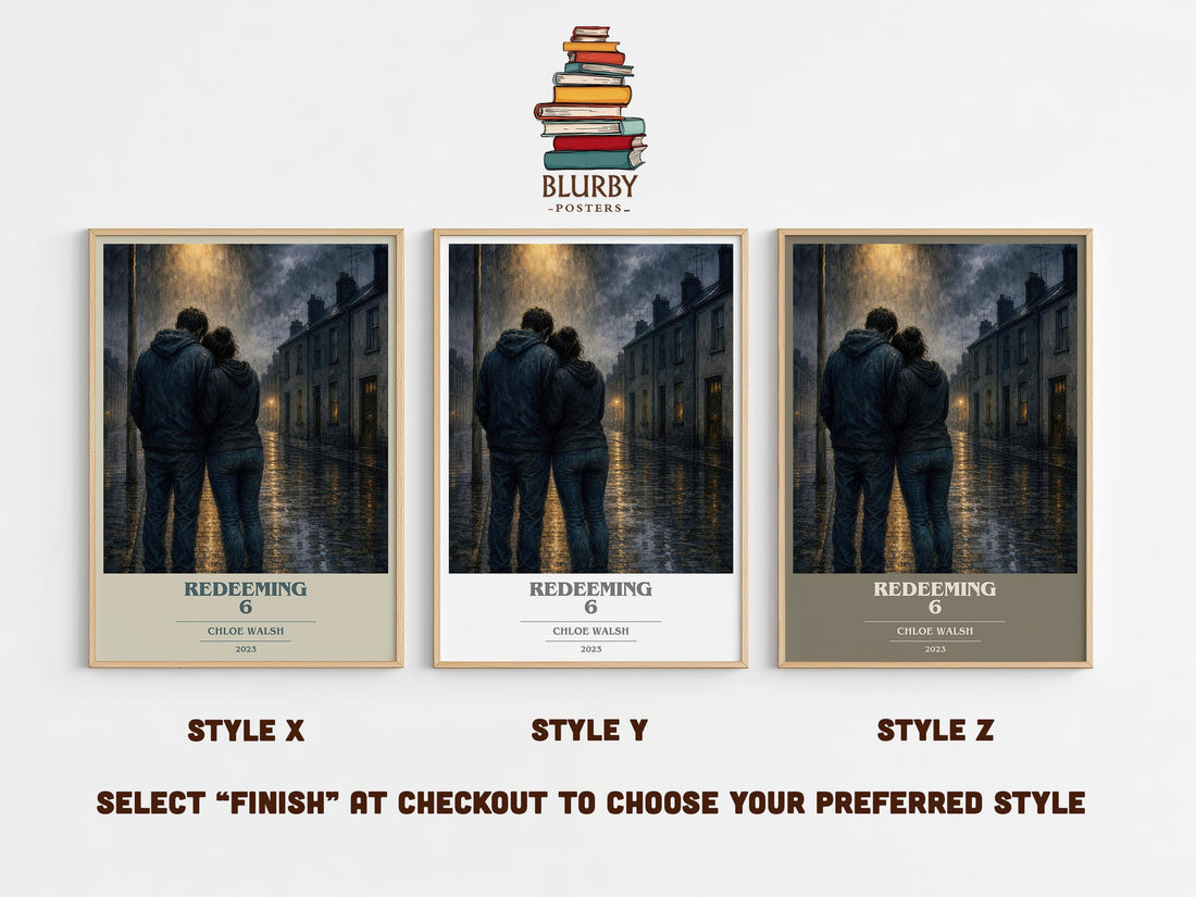 Redeeming 6 book cover print in frame leaning in hallway – young adult wall art (mockup)