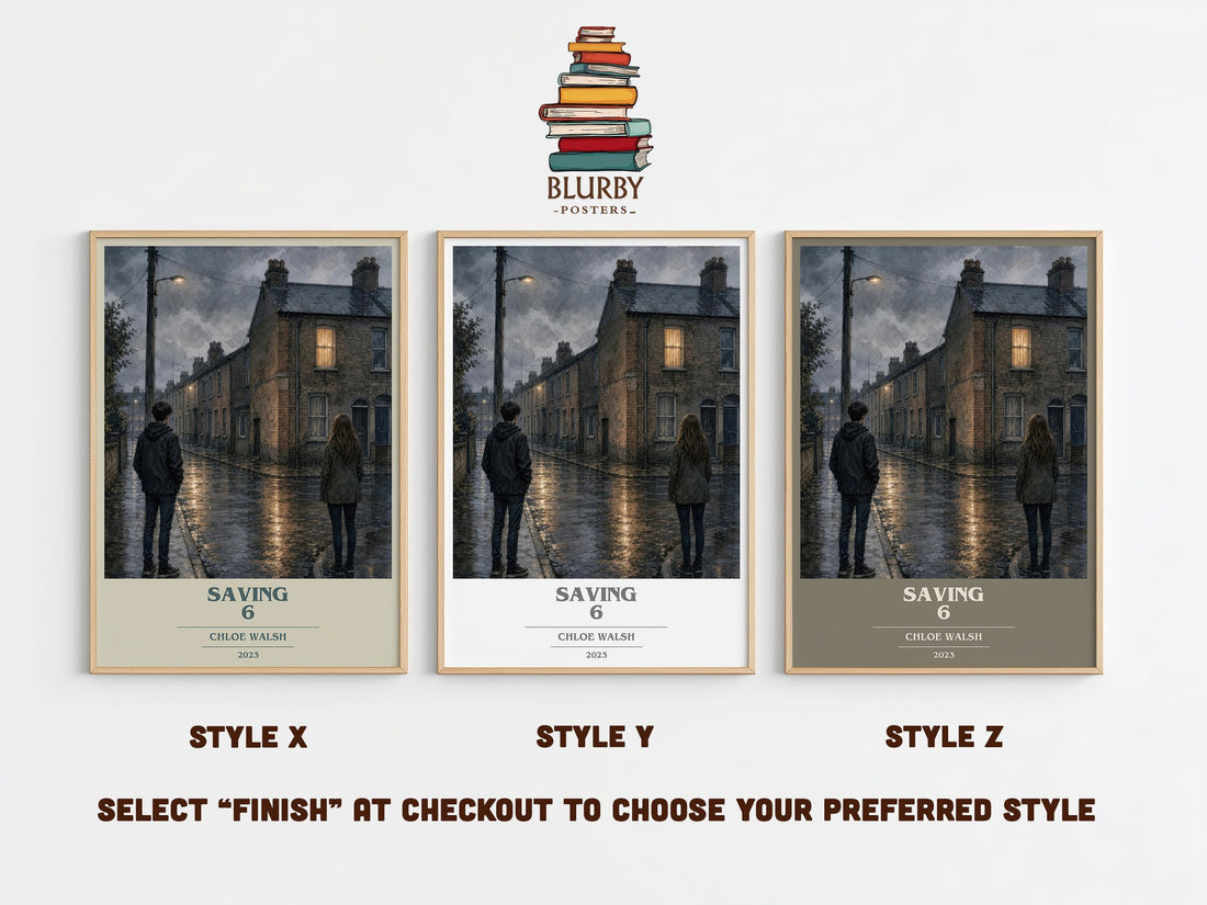 Saving 6 book cover print in frame leaning in hallway – romance wall art (mockup)