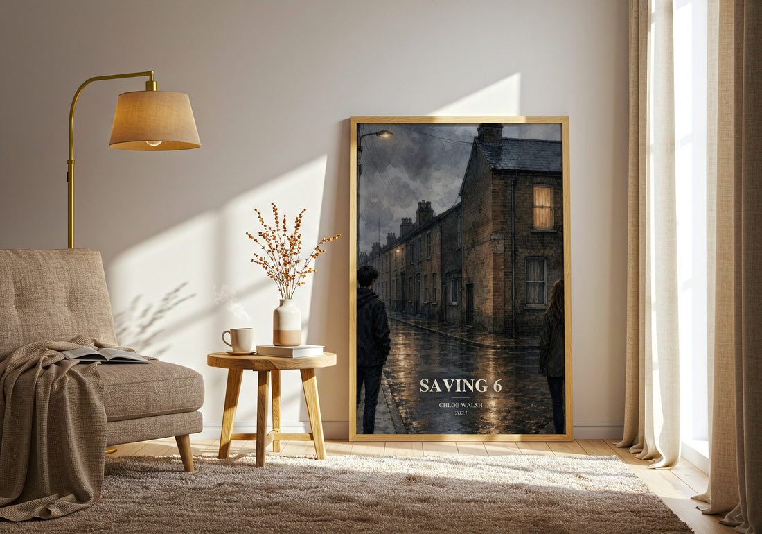 Saving 6 watercolour print in frame leaning in hallway – romance wall art