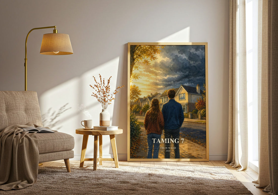 Taming 7 watercolour print in frame leaning in hallway – young adult wall art