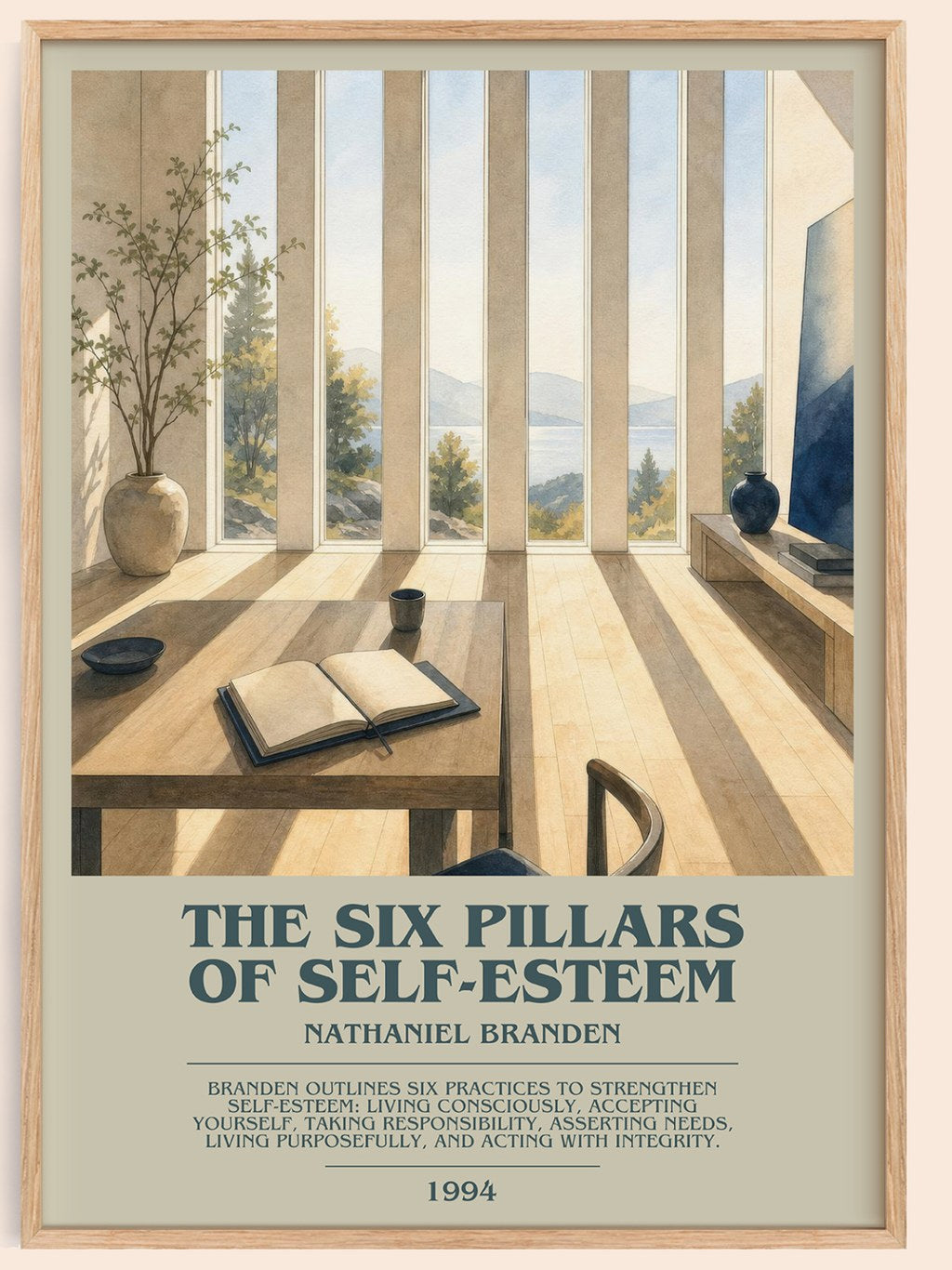 The six pillars of self-esteem bookish book poster by Nathaniel Branden – framed literary art print