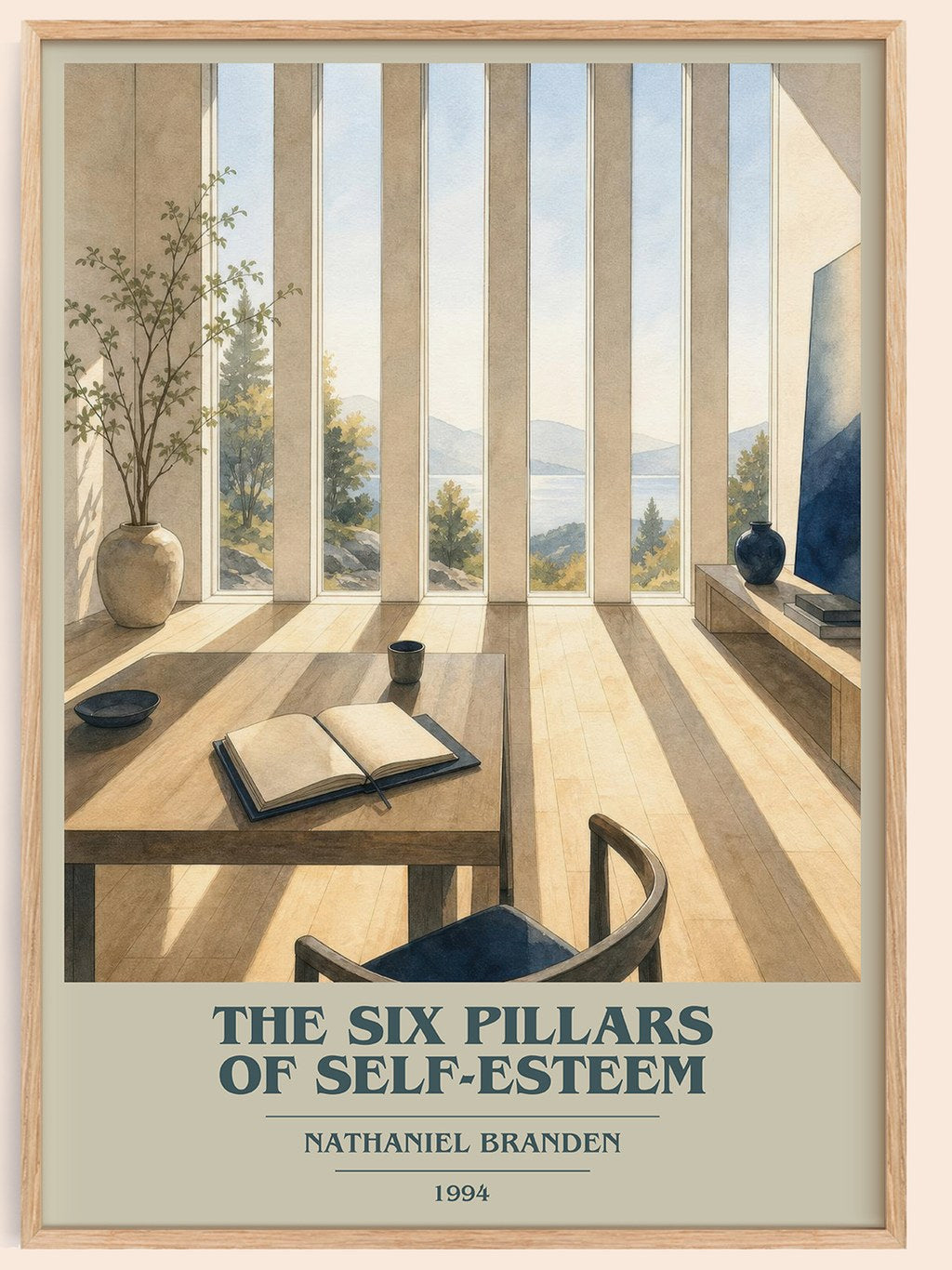 The six pillars of self-esteem book cover book poster by Nathaniel Branden – framed literary art print