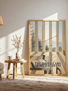 The six pillars of self-esteem watercolour print in frame leaning in hallway – non fiction wall art