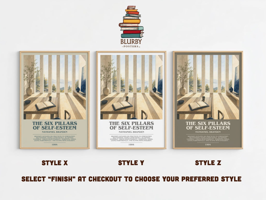 The six pillars of self-esteem bookish print in frame leaning in hallway – non fiction wall art (mockup)