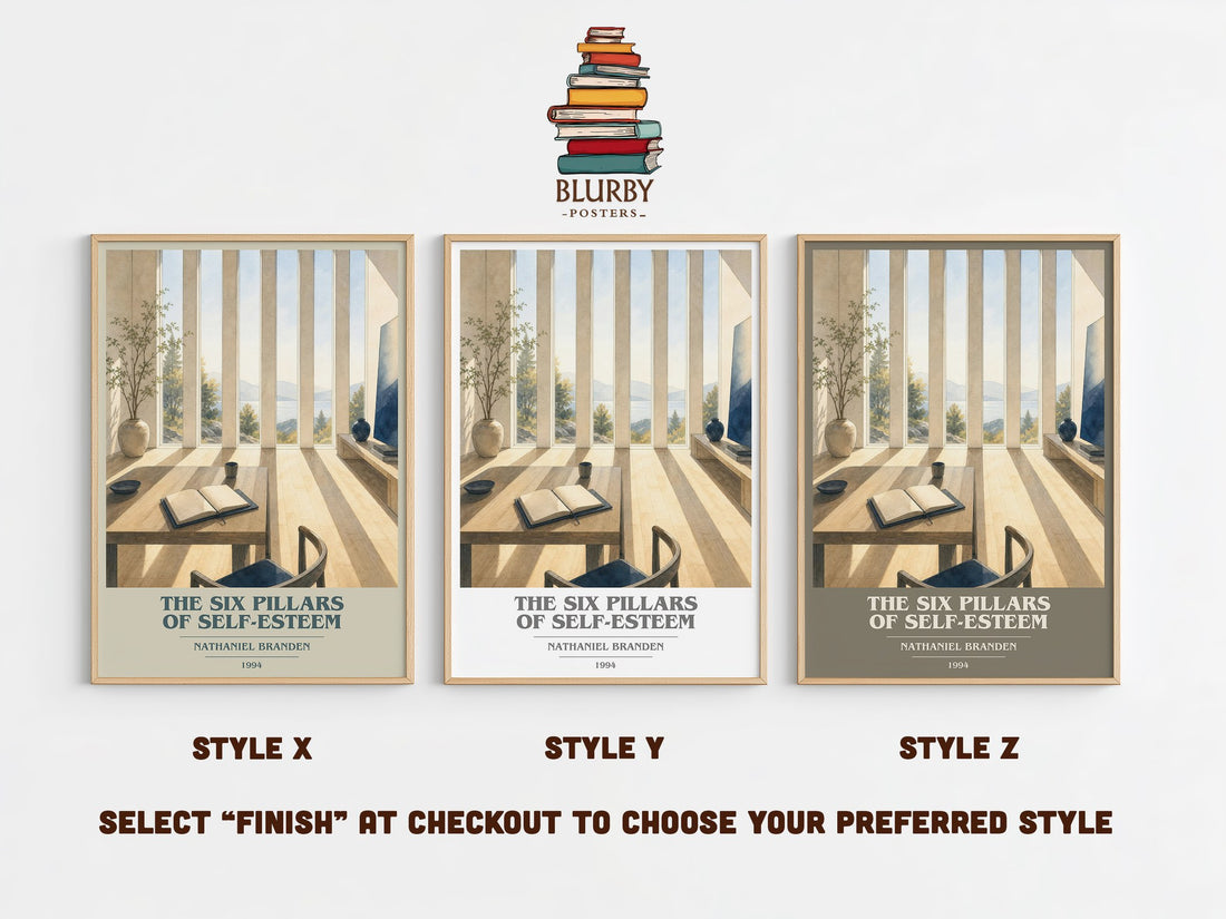 The six pillars of self-esteem book cover print in frame leaning in hallway – non fiction wall art (mockup)