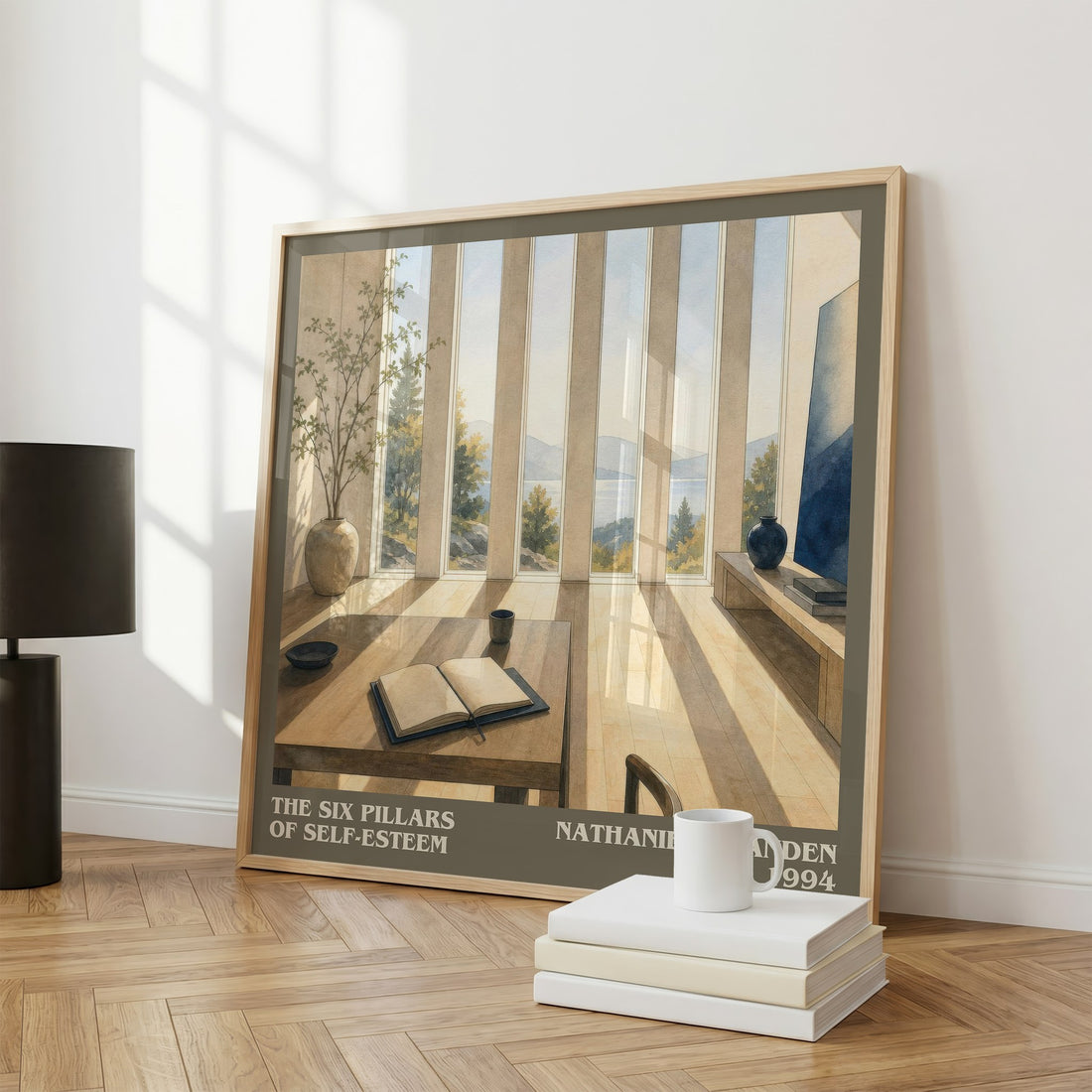 The six pillars of self-esteem literary print framed by window – literary home decor