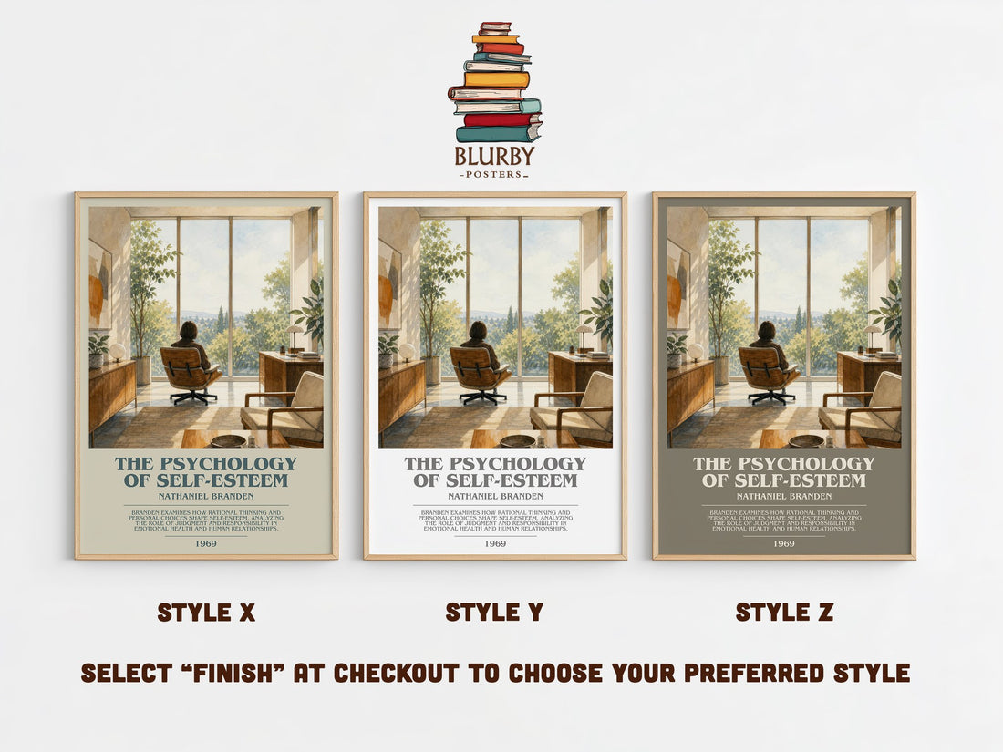 The psychology of self-esteem bookish print in frame leaning in hallway – non fiction wall art (mockup)