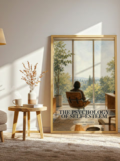 The psychology of self-esteem watercolour print in frame leaning in hallway – non fiction wall art