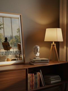 The psychology of self-esteem watercolour print on bookshelf – Nathaniel Branden fan gift