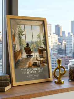 The psychology of self-esteem book cover print framed by window – literary home decor