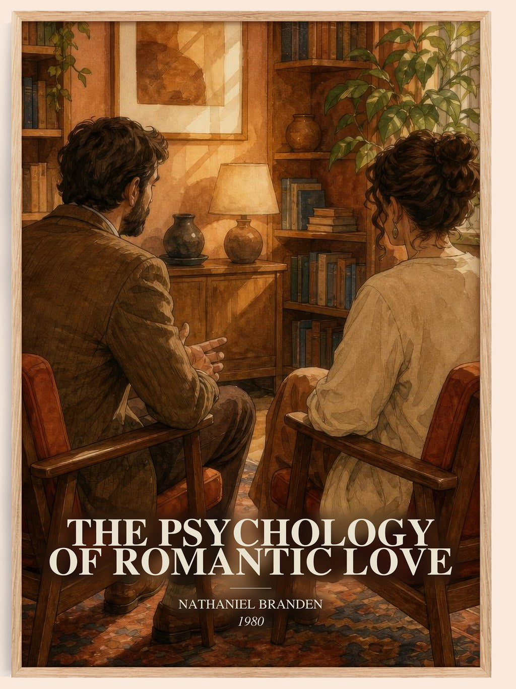 The psychology of romantic love watercolour book poster by Nathaniel Branden – framed literary art print