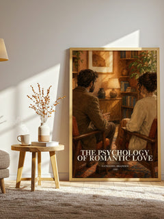 The psychology of romantic love watercolour print in frame leaning in hallway – non fiction wall art
