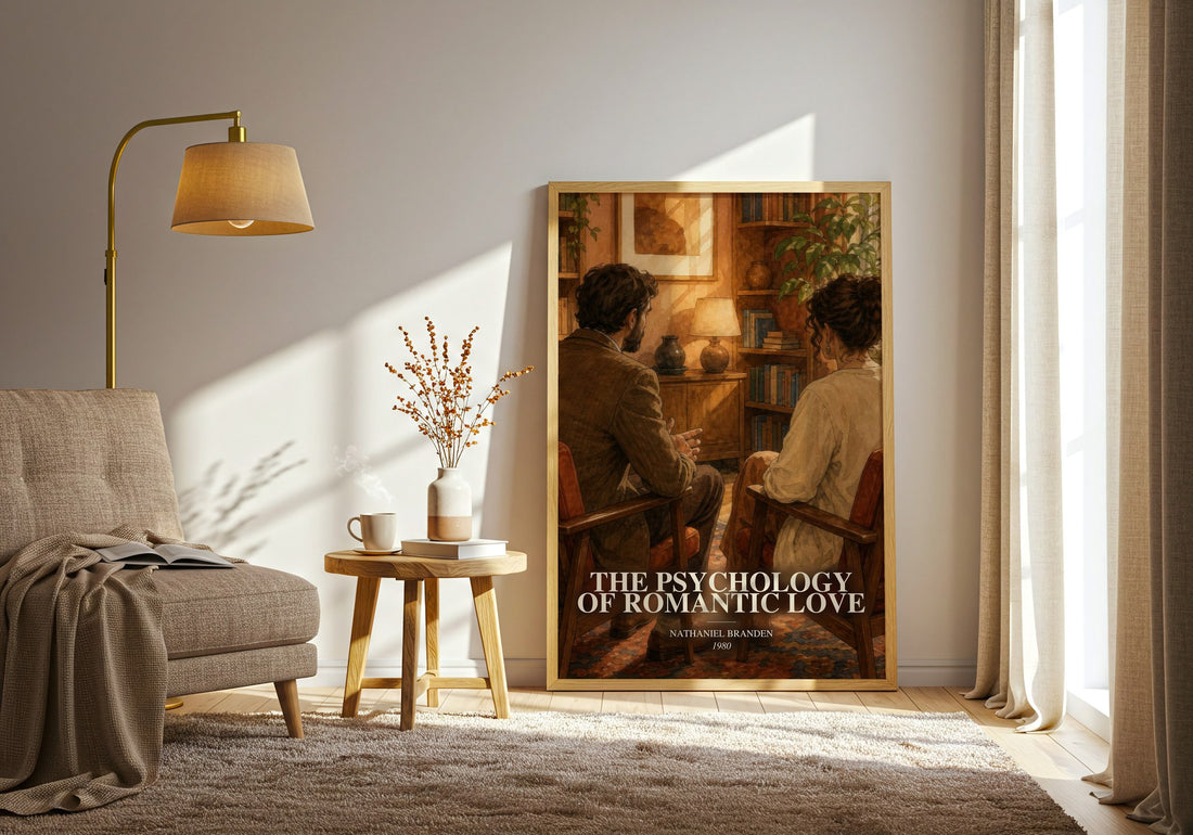 The psychology of romantic love watercolour print in frame leaning in hallway – non fiction wall art