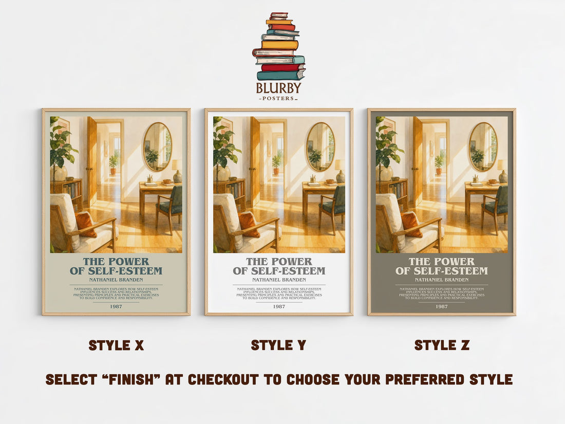 The power of self-esteem bookish print in frame leaning in hallway – non fiction wall art (mockup)
