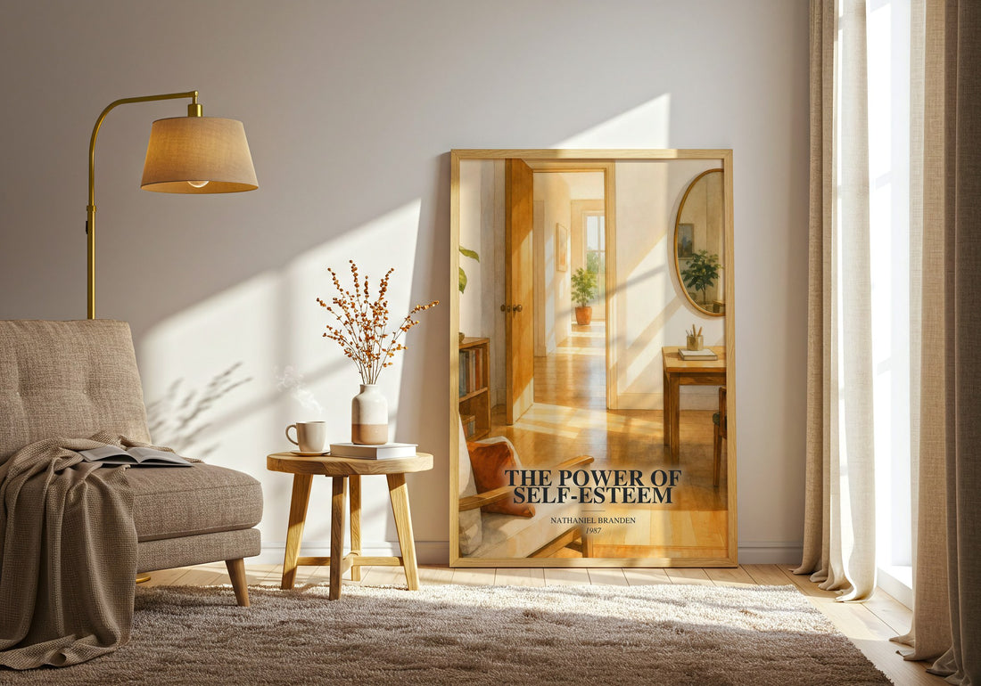 The power of self-esteem watercolour print in frame leaning in hallway – non fiction wall art