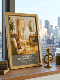 The power of self-esteem book cover print framed by window – literary home decor