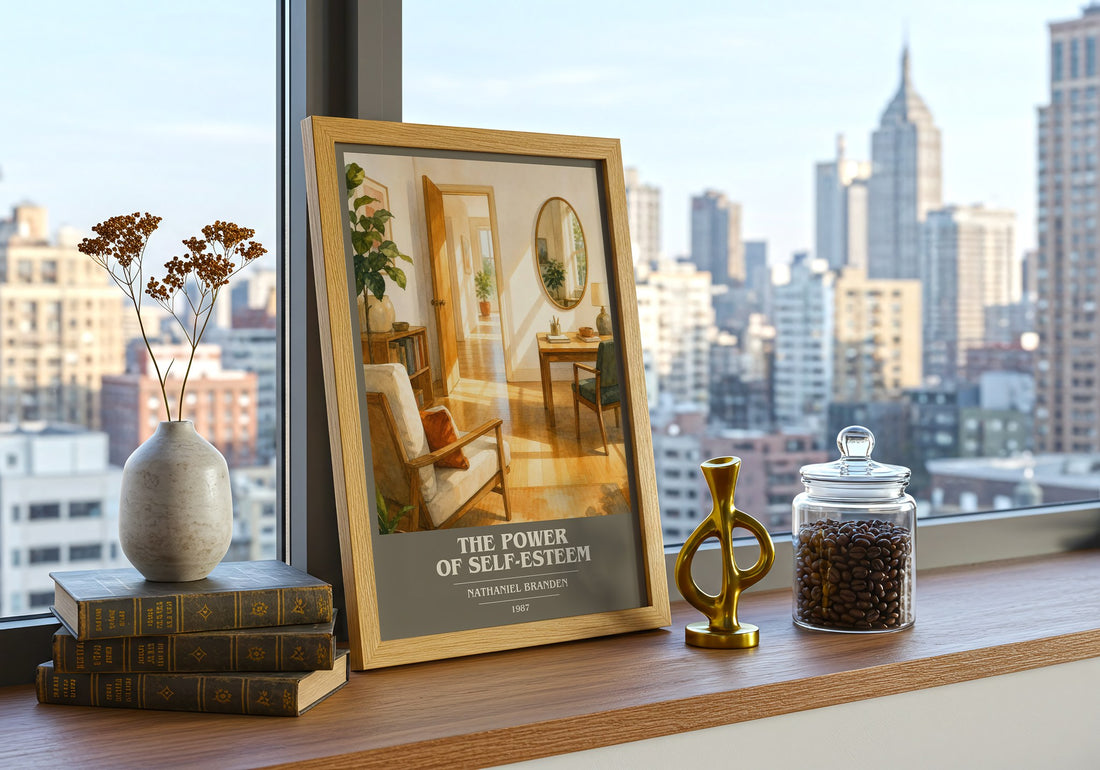 The power of self-esteem book cover print framed by window – literary home decor