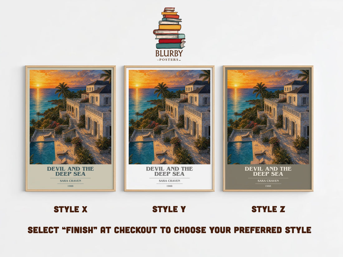 Devil and the Deep Sea book cover print in frame leaning in hallway – romance wall art (mockup)