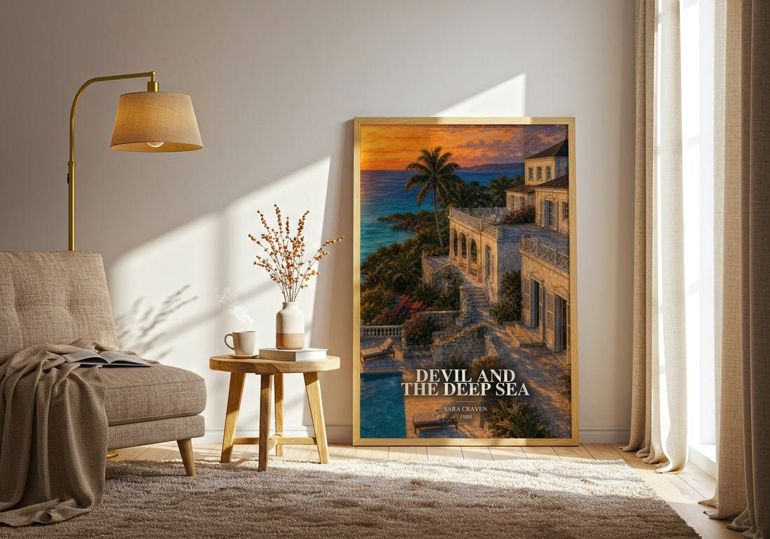 Devil and the Deep Sea watercolour print in frame leaning in hallway – romance wall art