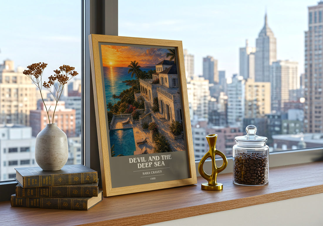 Devil and the Deep Sea book cover print framed by window – literary home decor
