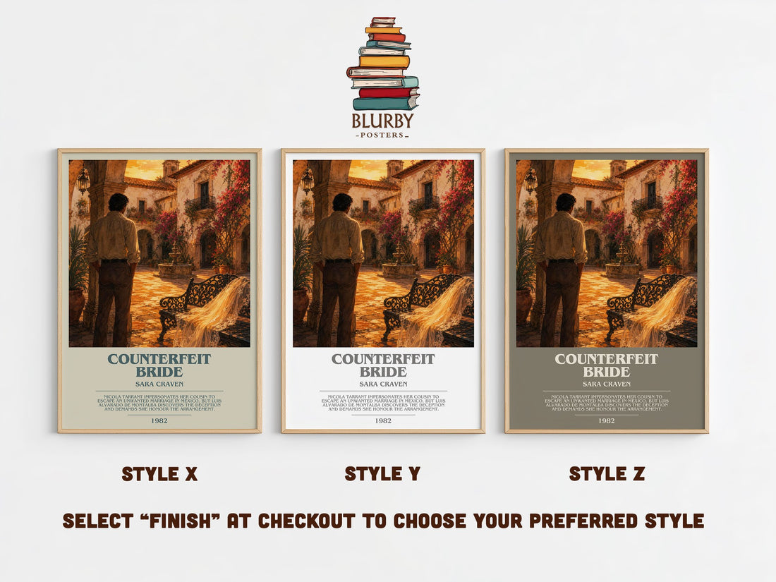 Counterfeit Bride bookish print in frame leaning in hallway – romance wall art (mockup)