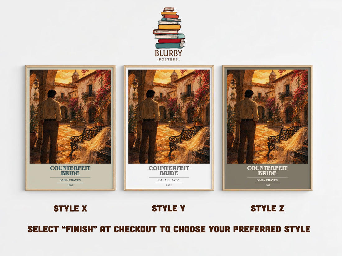 Counterfeit Bride book cover print in frame leaning in hallway – romance wall art (mockup)