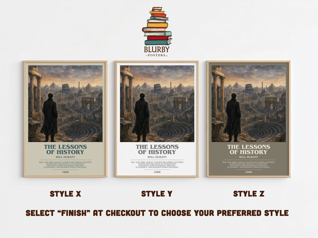 The Lessons of History bookish print in frame leaning in hallway – non fiction wall art (mockup)
