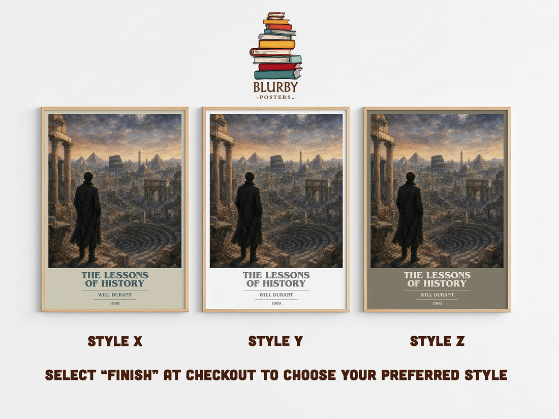 The Lessons of History book cover print in frame leaning in hallway – non fiction wall art (mockup)