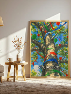 Go, Dog. Go! watercolour print in frame leaning in hallway – childrens wall art