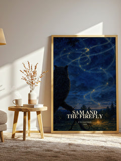 Sam and the Firefly watercolour print in frame leaning in hallway – childrens wall art