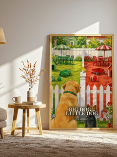 Big Dog... Little Dog watercolour print in frame leaning in hallway – childrens wall art