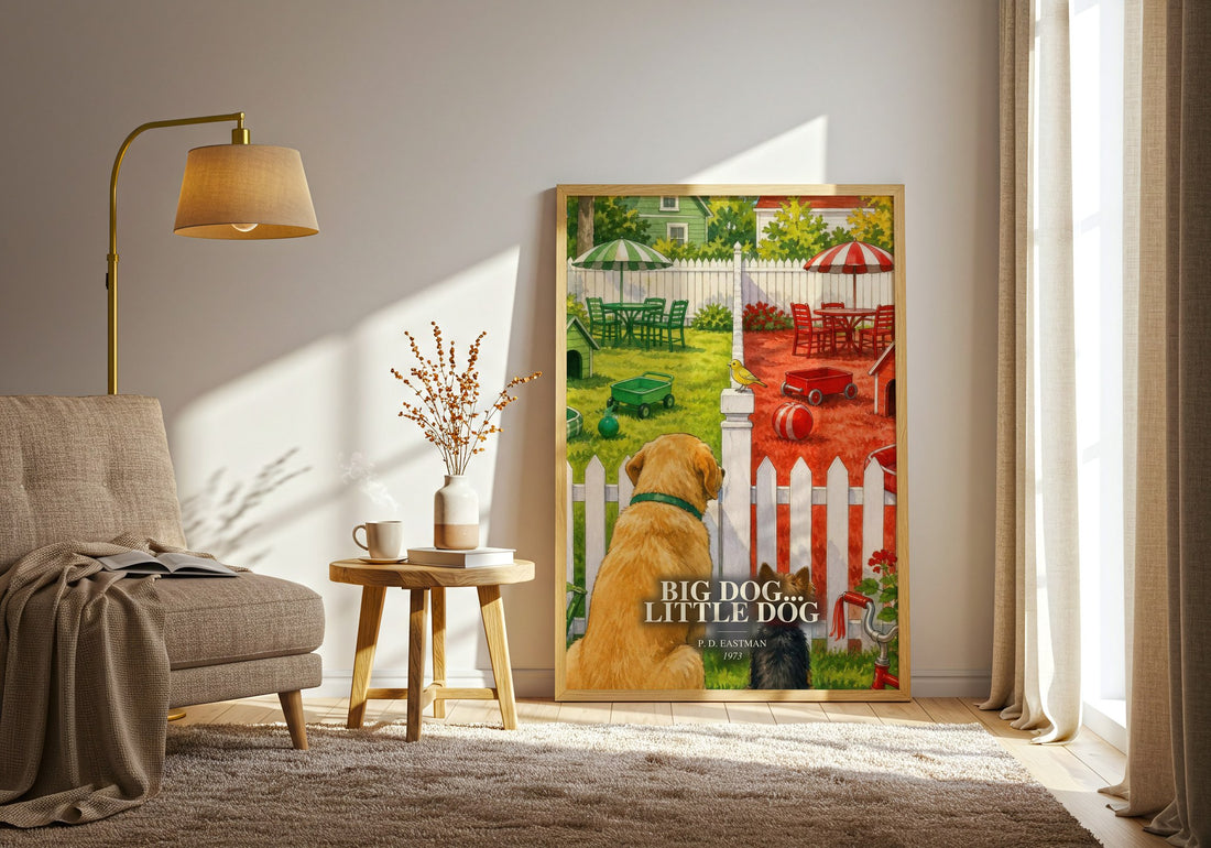 Big Dog... Little Dog watercolour print in frame leaning in hallway – childrens wall art