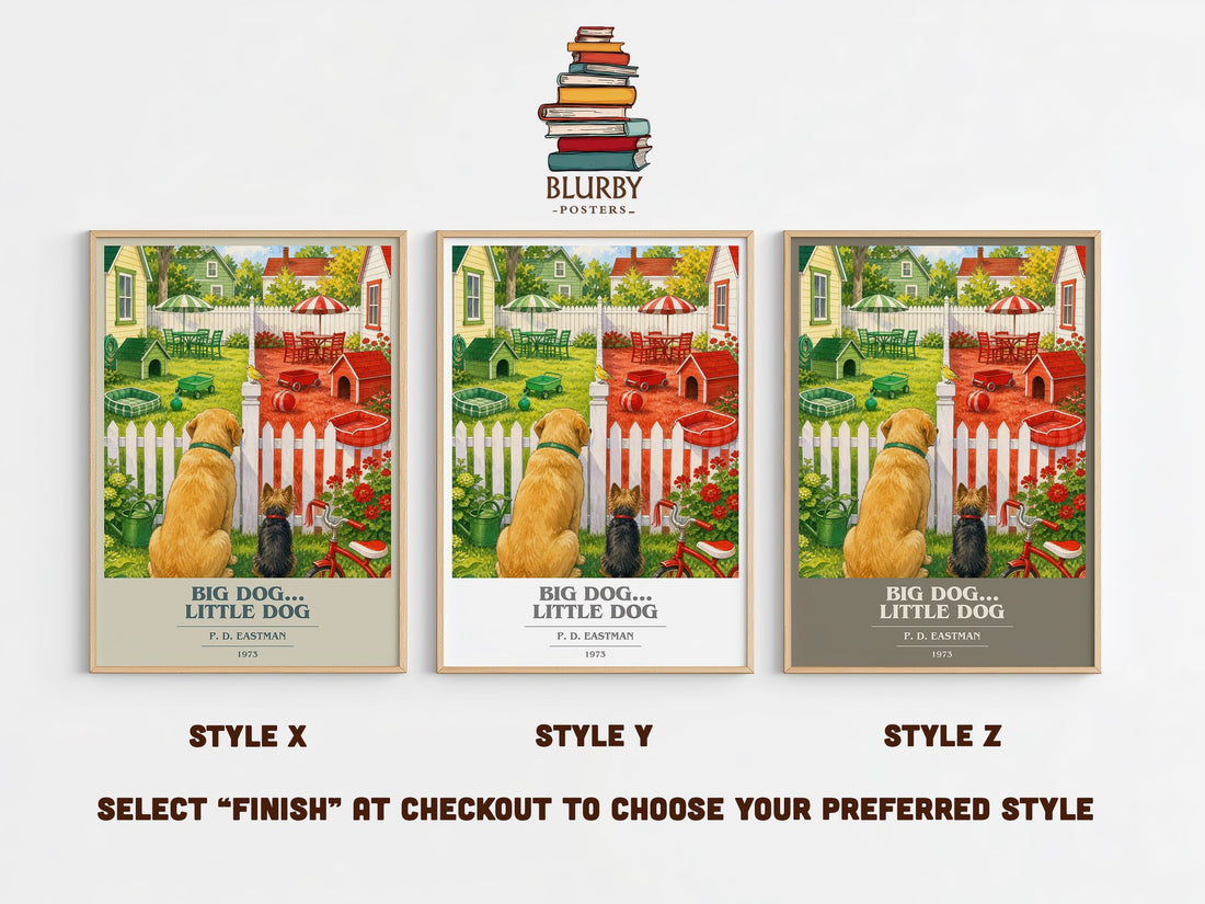 Big Dog... Little Dog book cover print in frame leaning in hallway – childrens wall art (mockup)