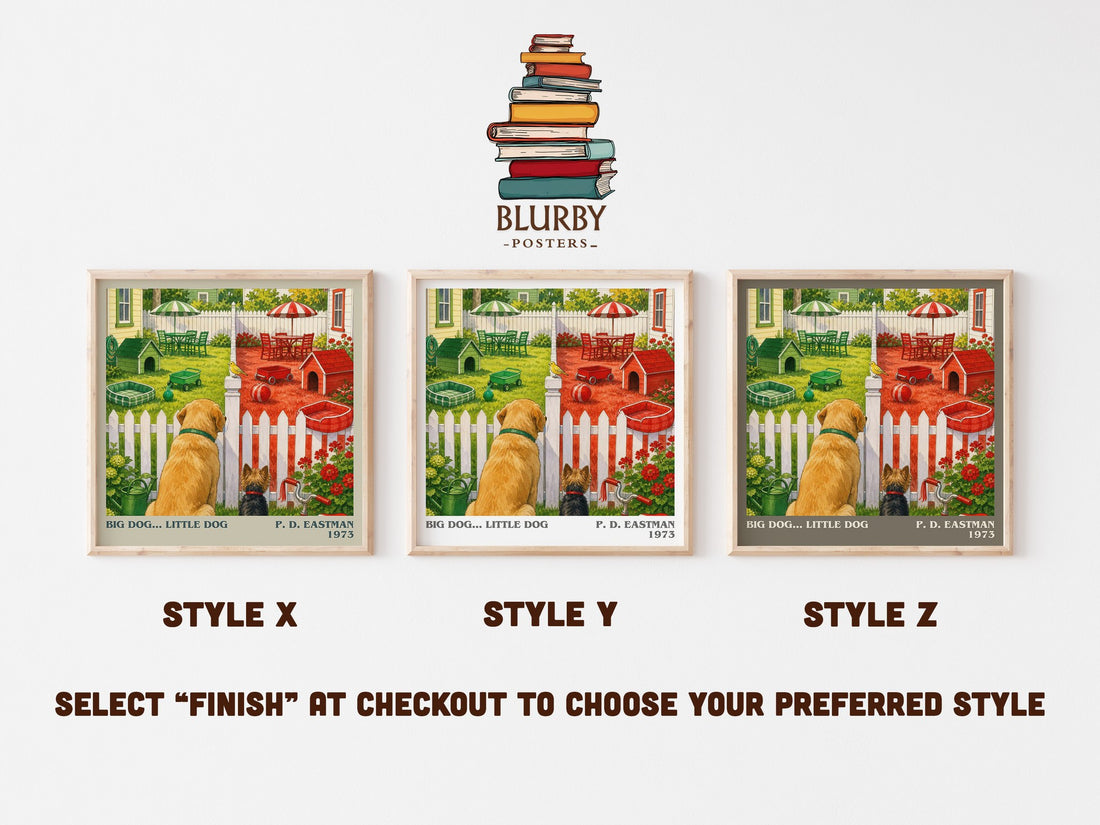 Big Dog... Little Dog literary print in frame leaning in hallway – childrens wall art (mockup)