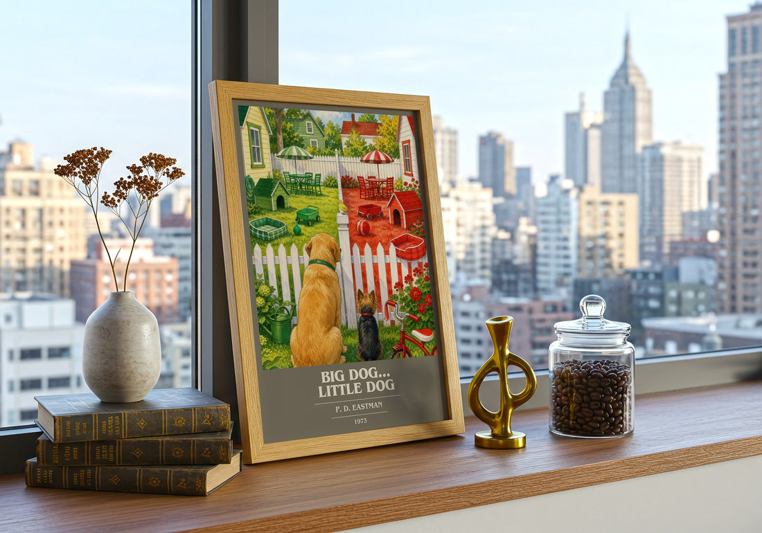Big Dog... Little Dog book cover print framed by window – literary home decor