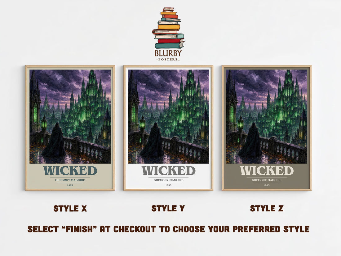 Wicked book cover print in frame leaning in hallway – fantasy wall art (mockup)