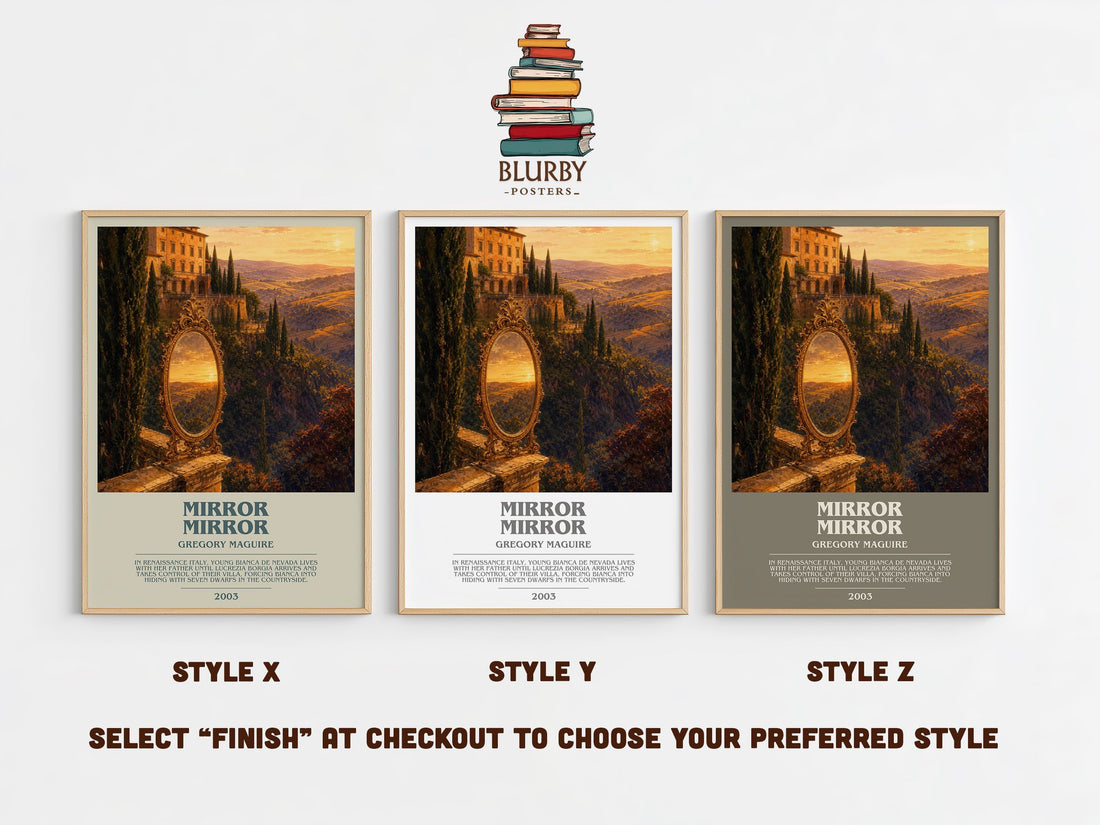 Mirror Mirror bookish print in frame leaning in hallway – fantasy wall art (mockup)