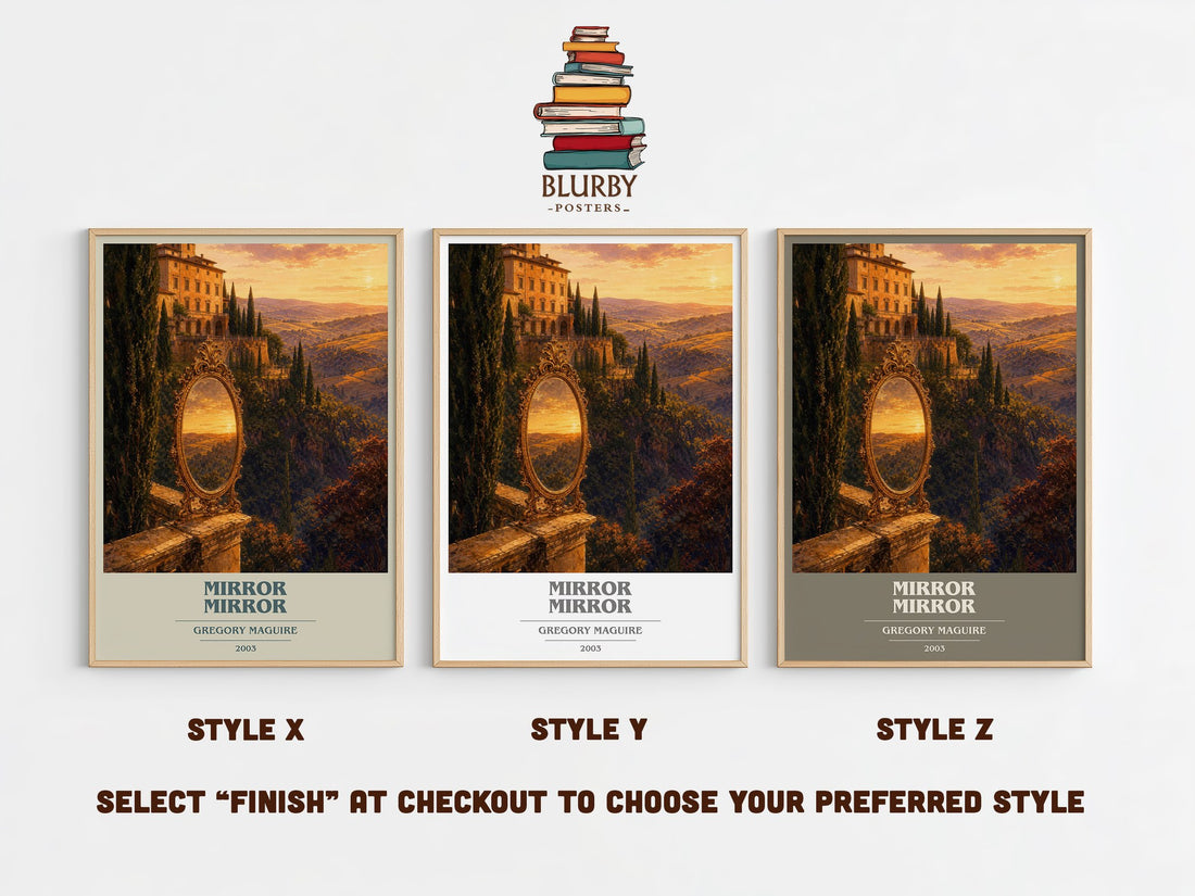 Mirror Mirror book cover print in frame leaning in hallway – fantasy wall art (mockup)
