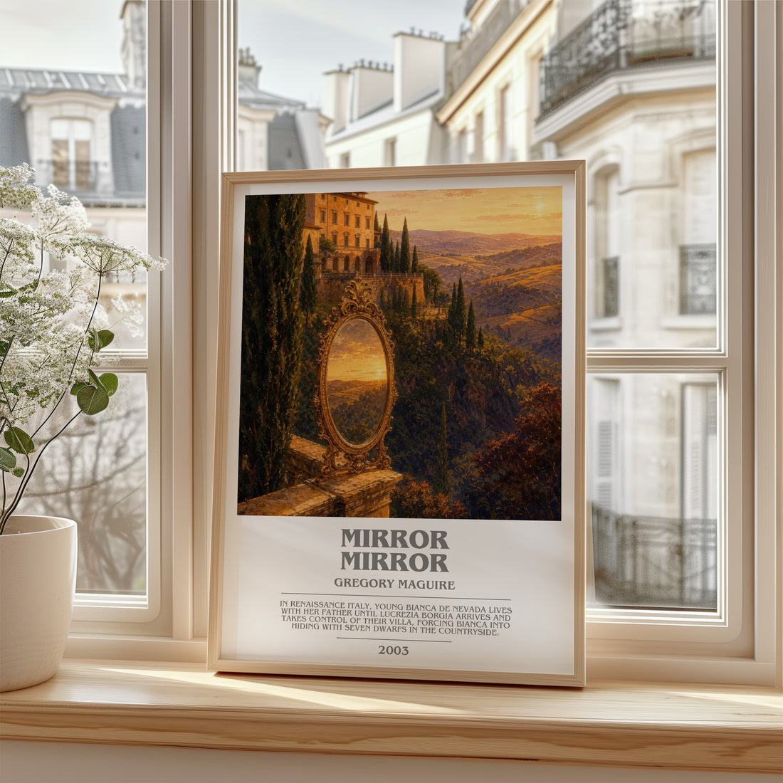 Mirror Mirror Bookish Wall Art by Gregory Maguire – framed print by a bright window