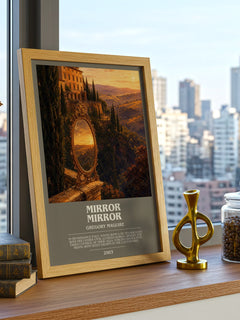 Mirror Mirror Bookish Wall Art by Gregory Maguire – framed print on a city-view windowsill